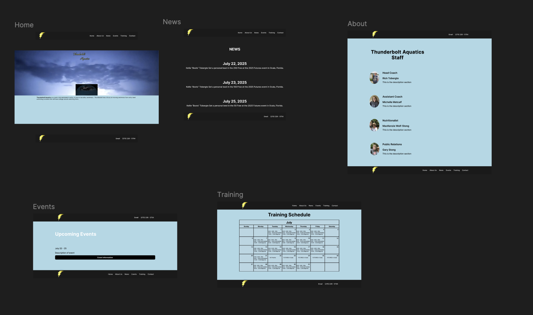 Figma page layout for Thunderbult Aquatics